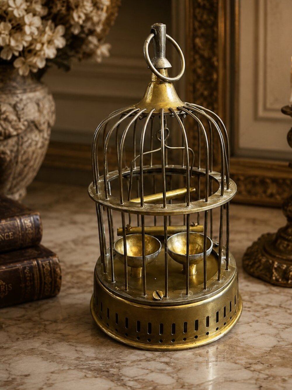 Vintage Solid Brass Hanging Birdcage with Swinging Perch Inside & Loop on Top